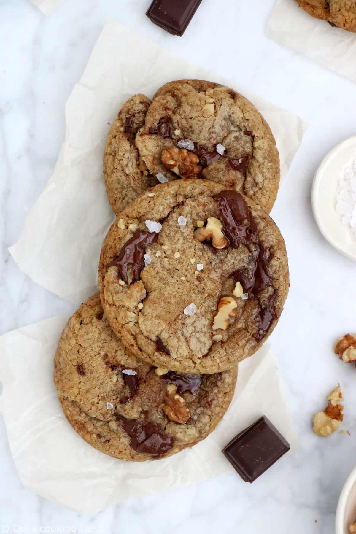 Both crunchy and chewy, these brown butter walnut chocolate chip cookies are truly out of this world. The brown butter also adds some delicious nutty flavors.