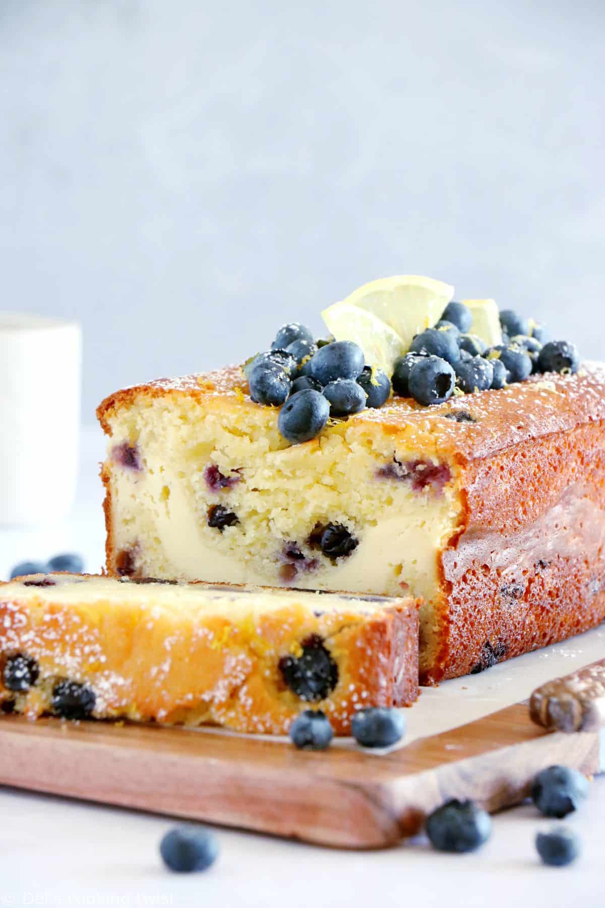 This cream cheese-filled lemon blueberry loaf is bursting with juicy blueberries and lemony flavors with a soft, tender crumb, and a very refreshing cream cheese center.