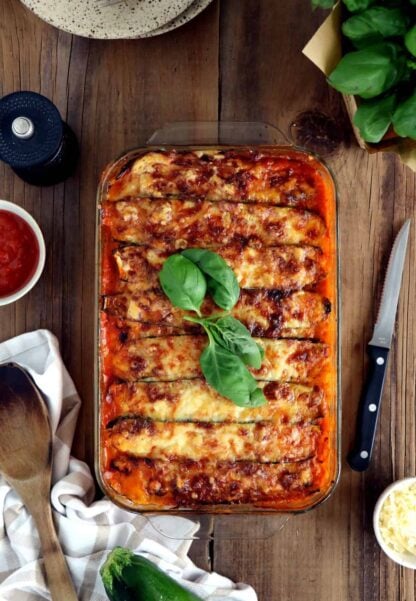 With layers of cheese, tomato sauce and vegetables, this EASY vegetarian lasagna is low-carb, gluten-free, and simply prepared with zucchini noodles.