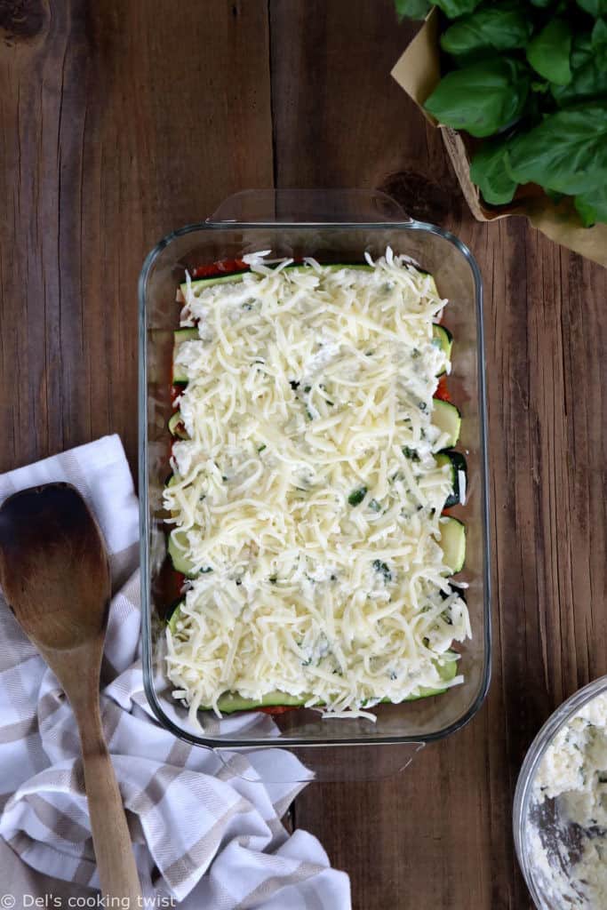 With layers of cheese, tomato sauce and vegetables, this EASY vegetarian lasagna is low-carb, gluten-free, and simply prepared with zucchini noodles.