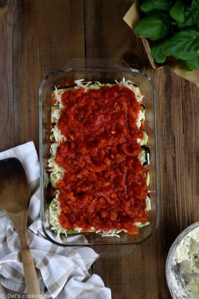 With layers of cheese, tomato sauce and vegetables, this EASY vegetarian lasagna is low-carb, gluten-free, and simply prepared with zucchini noodles.