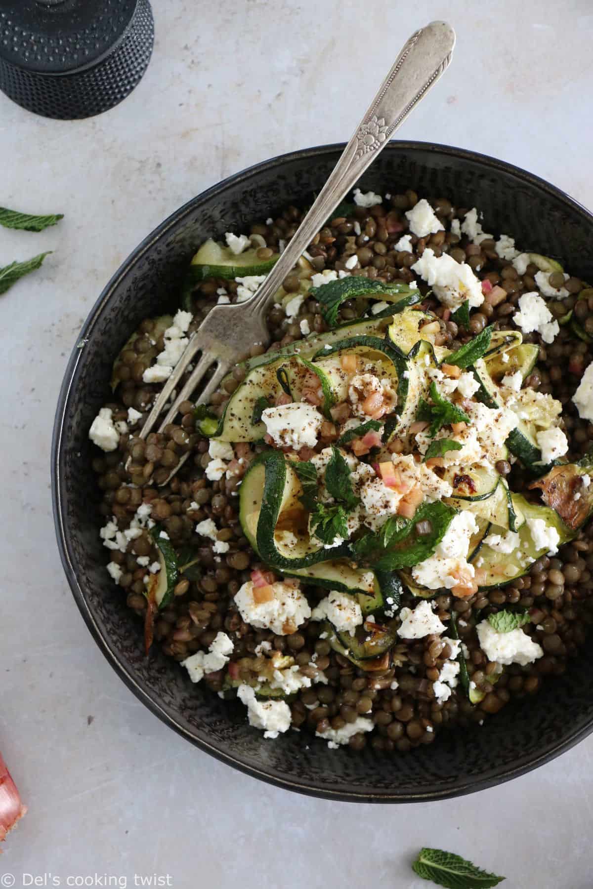 This simple lentil salad with zucchini, feta and mint is the perfect easy meal for busy days. Vegetarian, gluten-free and healthy, it's packed with wonderful refreshing flavors.