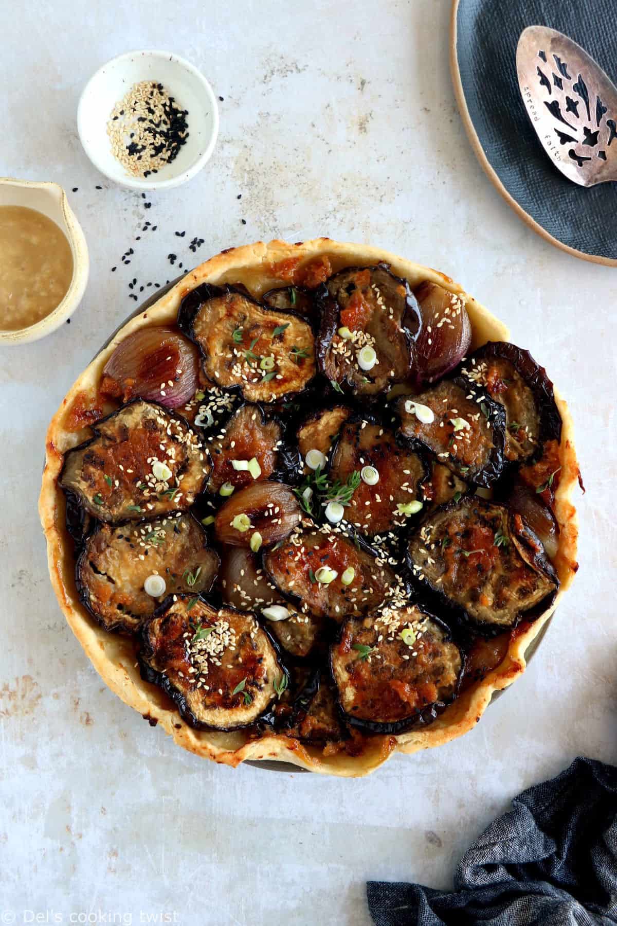 This miso eggplant tarte tatin with miso-glazed eggplant slices is inspired from the traditional Japanese nasu dengaku recipe.