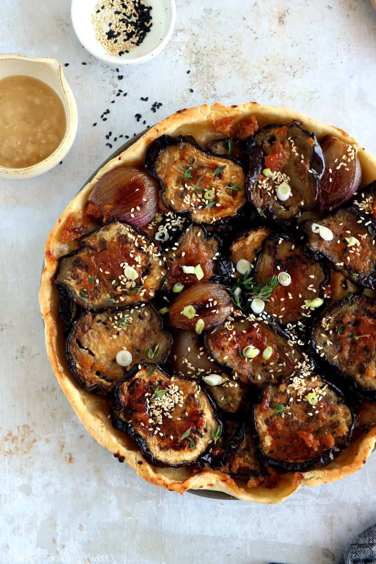 This miso eggplant tarte tatin with miso-glazed eggplant slices is inspired from the traditional Japanese nasu dengaku recipe.