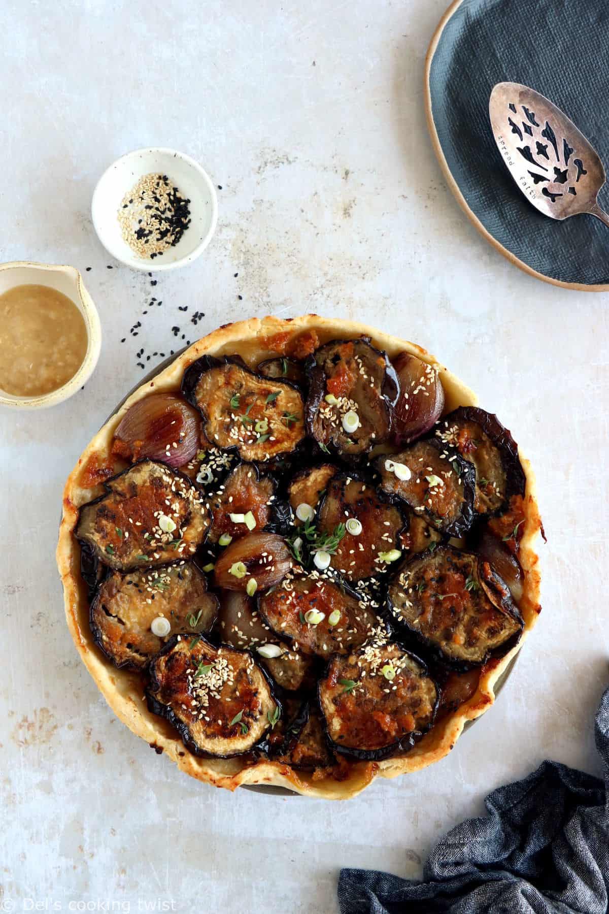 This miso eggplant tarte tatin with miso-glazed eggplant slices is inspired from the traditional Japanese nasu dengaku recipe.