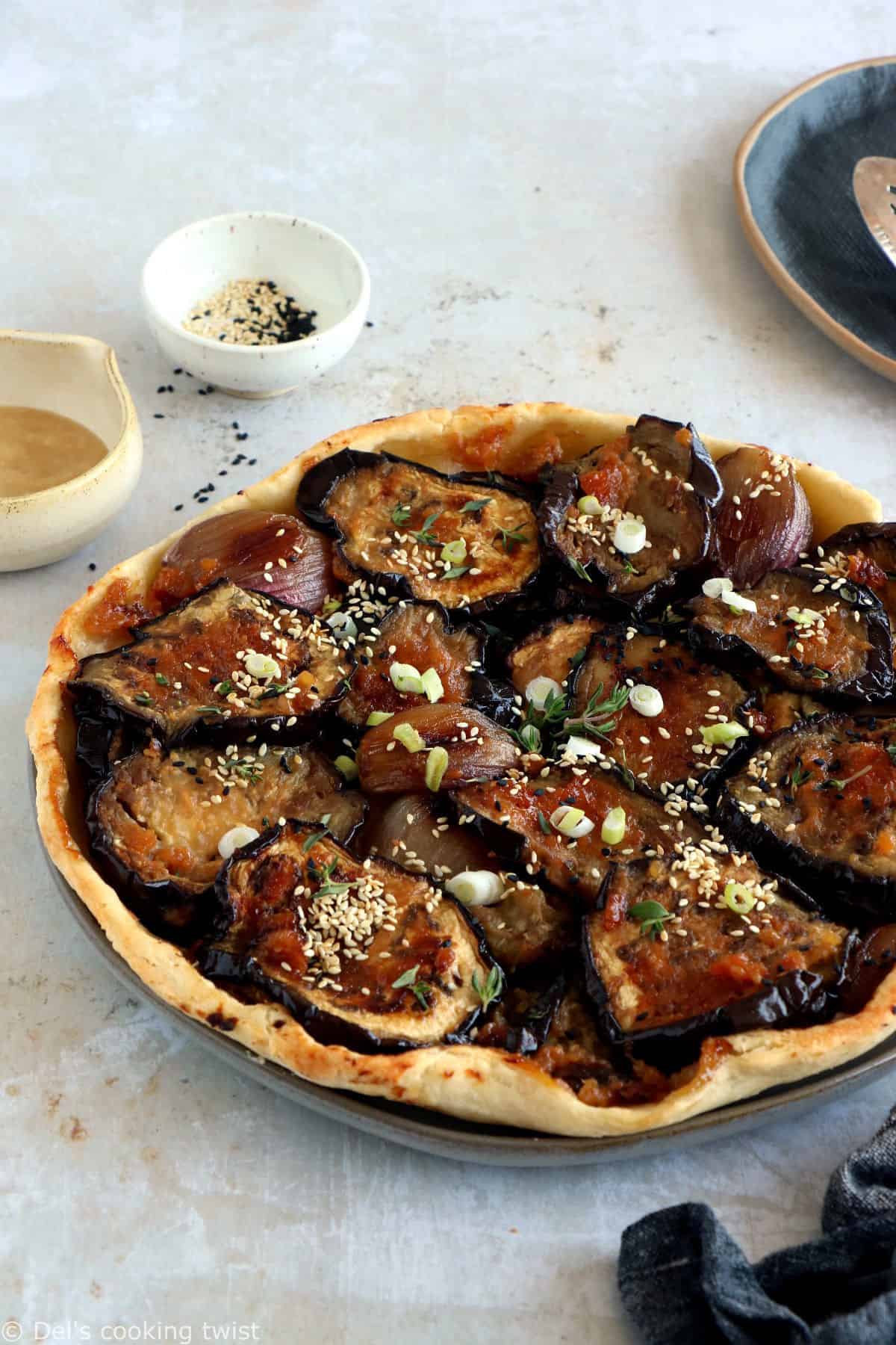 This miso eggplant tarte tatin with miso-glazed eggplant slices is inspired from the traditional Japanese nasu dengaku recipe.