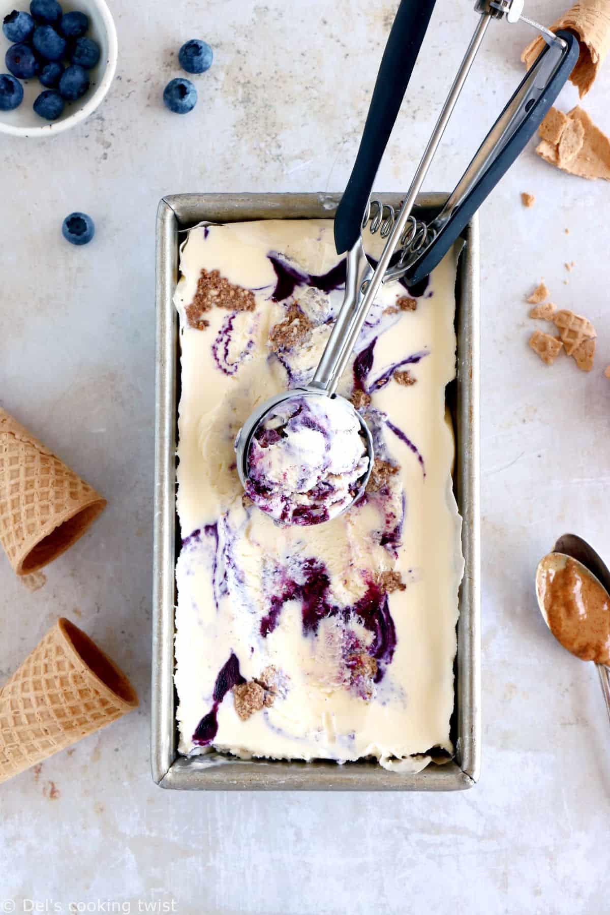 With just 5 ingredients and no ice cream maker, this easy no-churn blueberry almond butter ice cream is super creamy, sweet and completely decadent!