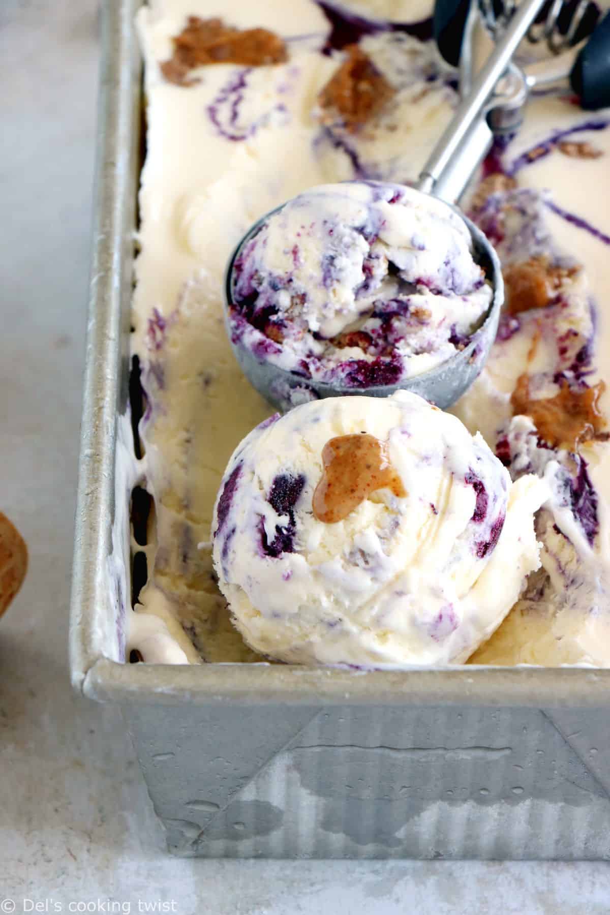 With just 5 ingredients and no ice cream maker, this easy no-churn blueberry almond butter ice cream is super creamy, sweet and completely decadent!