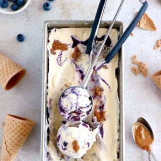 With just 5 ingredients and no ice cream maker, this easy no-churn blueberry almond butter ice cream is super creamy, sweet and completely decadent!