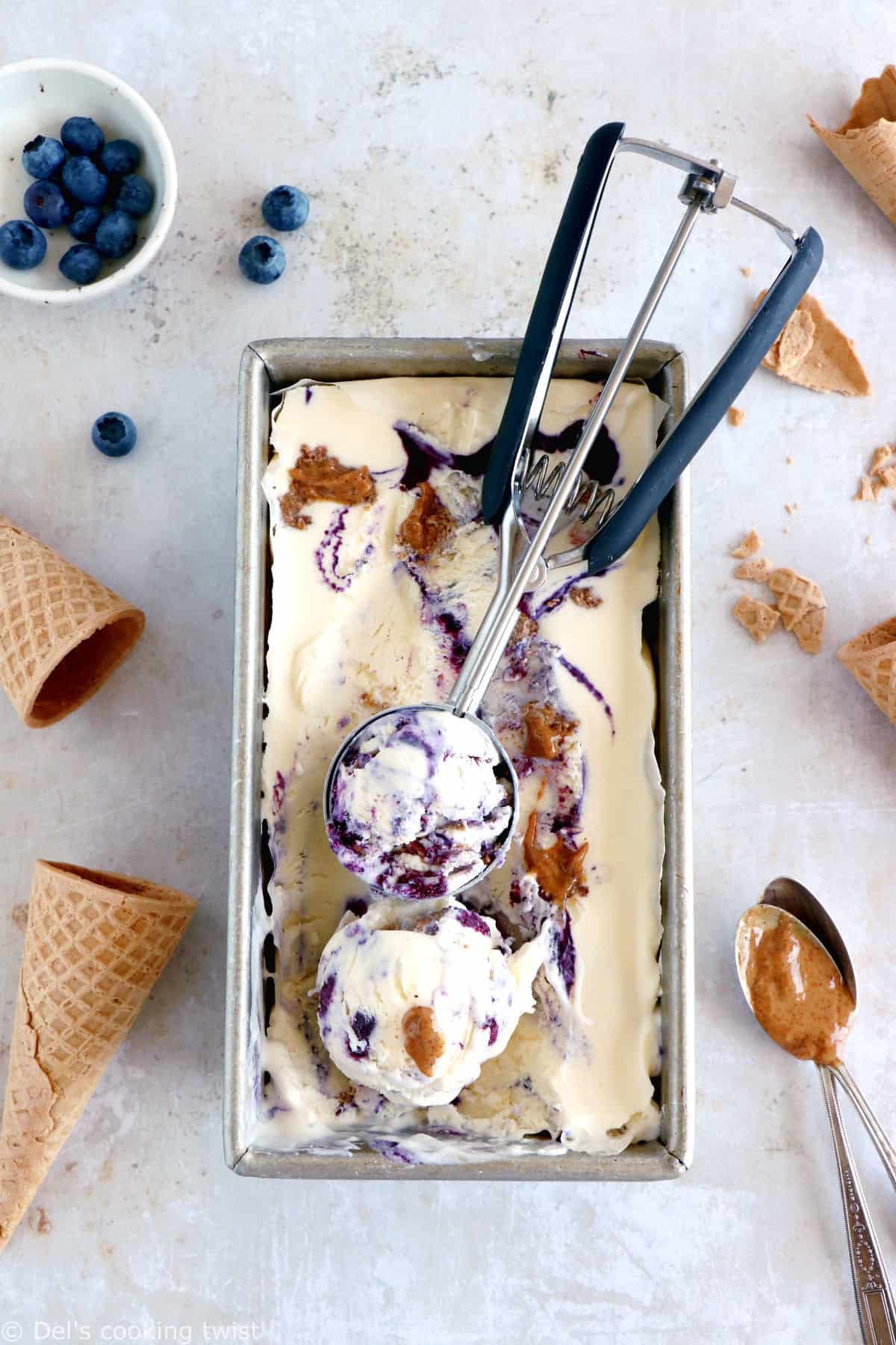 With just 5 ingredients and no ice cream maker, this easy no-churn blueberry almond butter ice cream is super creamy, sweet and completely decadent!