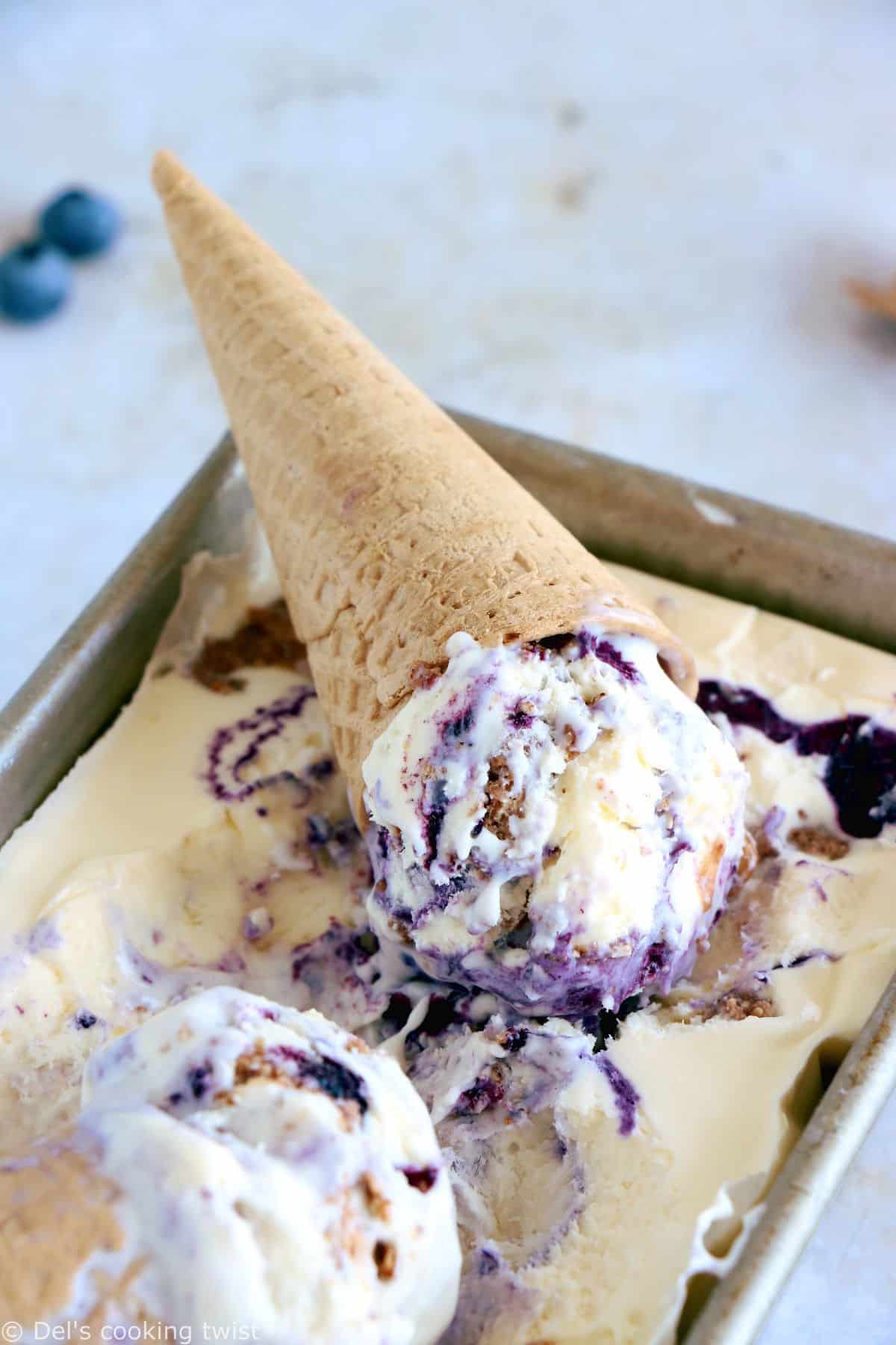 With just 5 ingredients and no ice cream maker, this easy no-churn blueberry almond butter ice cream is super creamy, sweet and completely decadent!