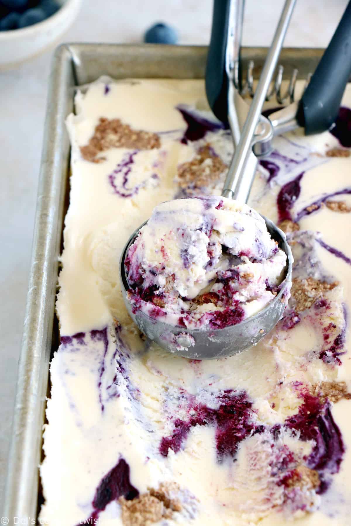 With just 5 ingredients and no ice cream maker, this easy no-churn blueberry almond butter ice cream is super creamy, sweet and completely decadent!