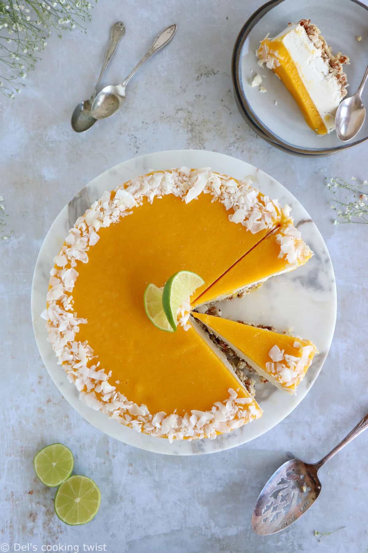 This raw coconut mango cheesecake is a very refreshing fruity dessert. Also vegan, gluten-free and naturally sweetened, it's the ultimate healthy dessert to indulge in!