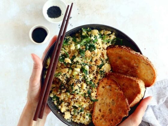 Quick and easy to prepare, this scrambled egg cauliflower fried rice makes for a healthier lunch, loaded with veggies, protein-rich, and naturally gluten-free.