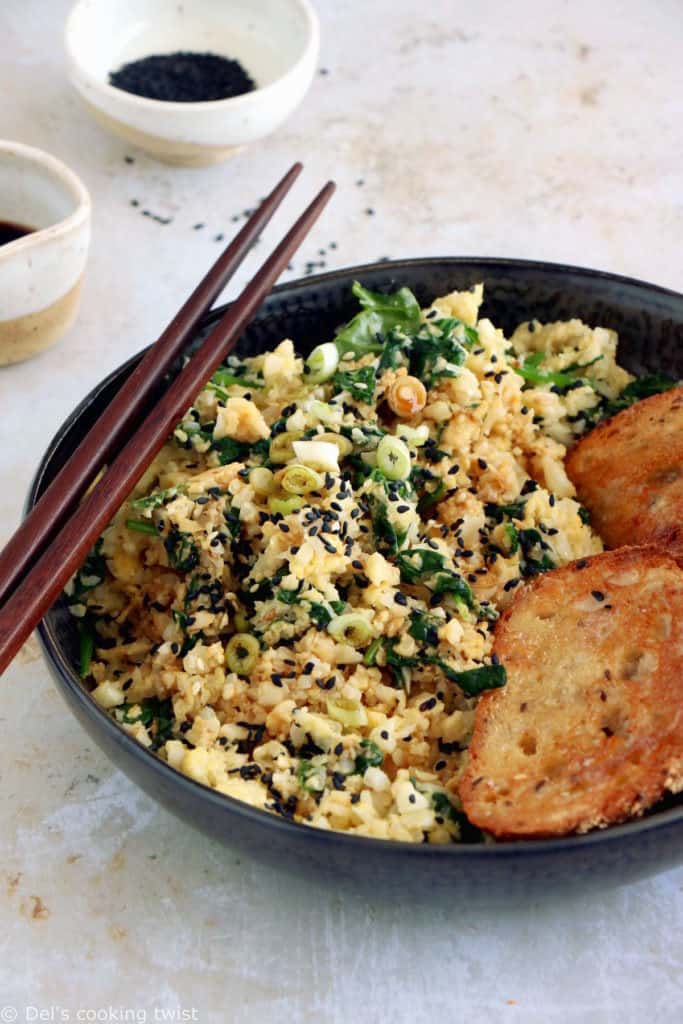 Quick and easy to prepare, this scrambled egg cauliflower fried rice makes for a healthier lunch, loaded with veggies, protein-rich, and naturally gluten-free.