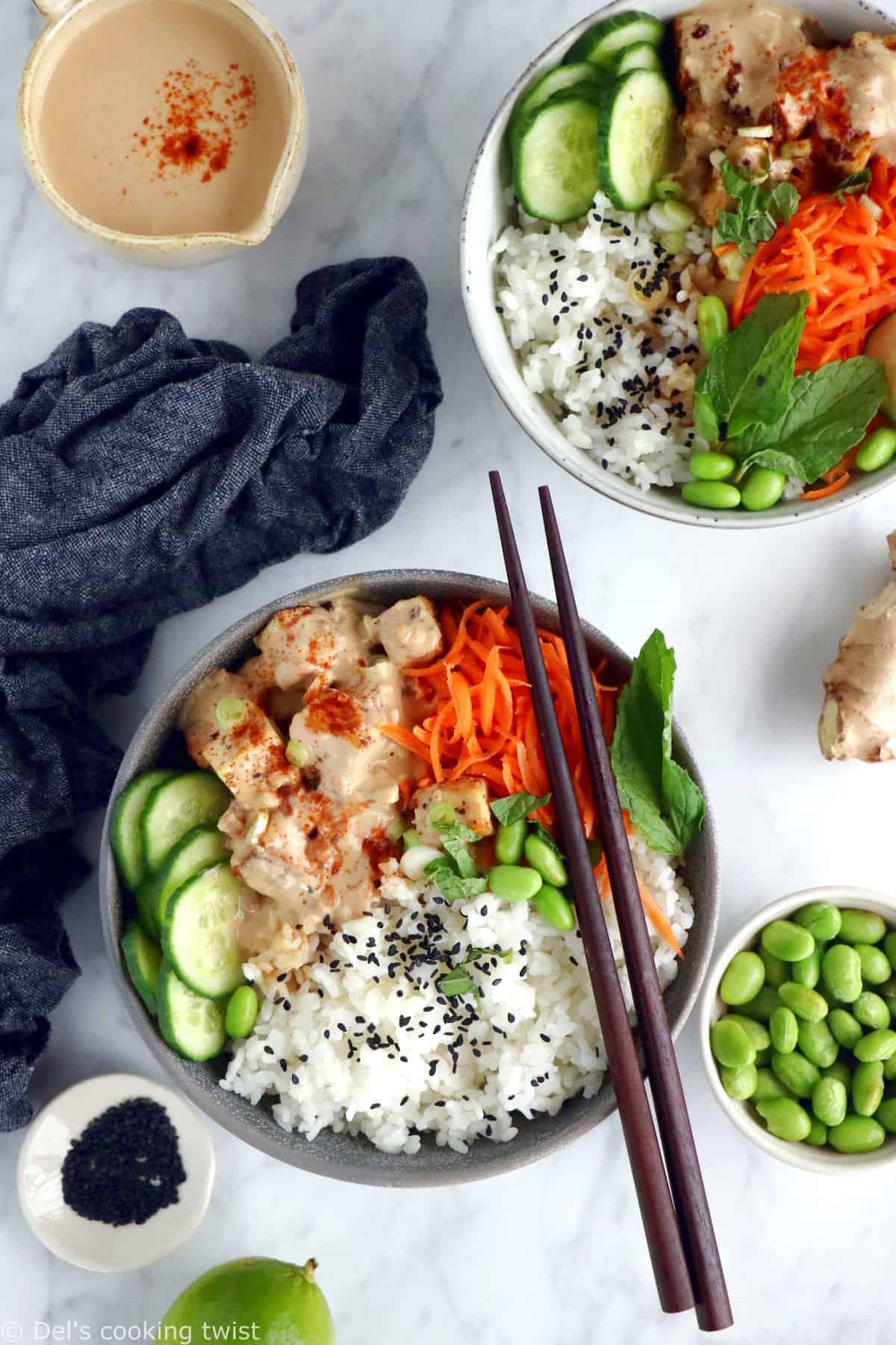 This easy spicy peanut tofu power bowl is vegan, gluten-free, high in plant-based protein and packed with good-for-you ingredients.