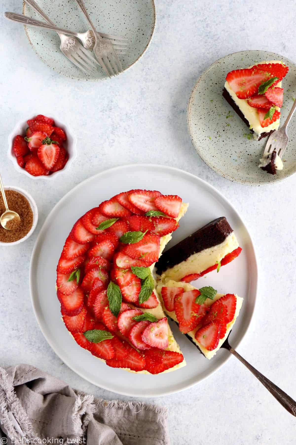 This strawberry white chocolate cheesecake brownies features a rich chocolate base, a creamy white chocolate center, and some fresh berries.
