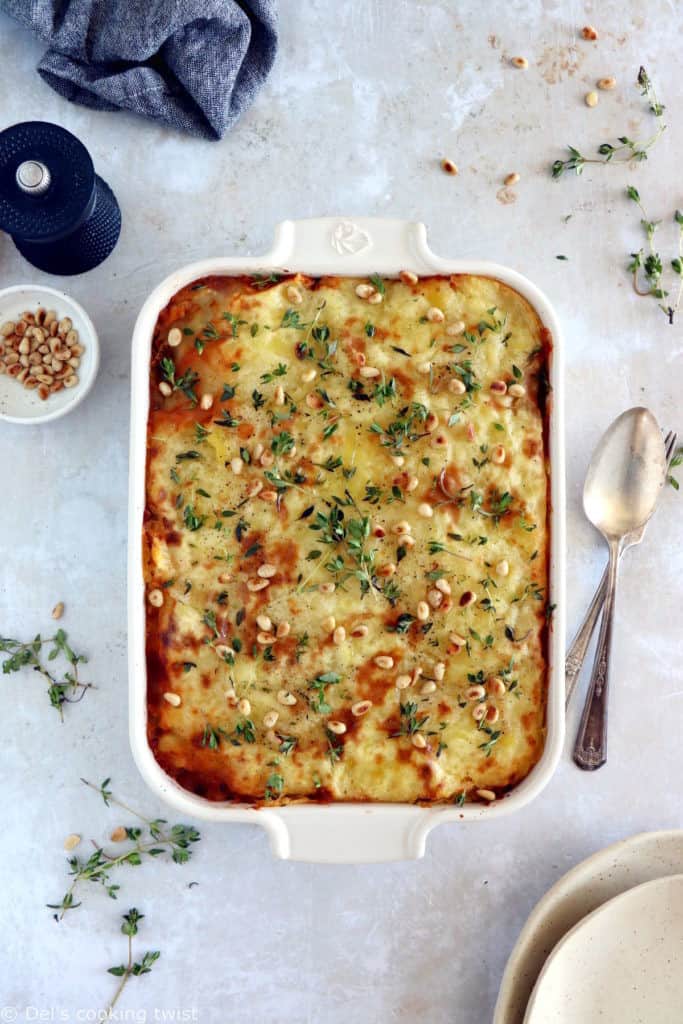 This vegetarian moussaka has some deep smoky flavors, with layers of eggplants, potatoes, spiced vegetarian meat, and a creamy bechamel sauce.