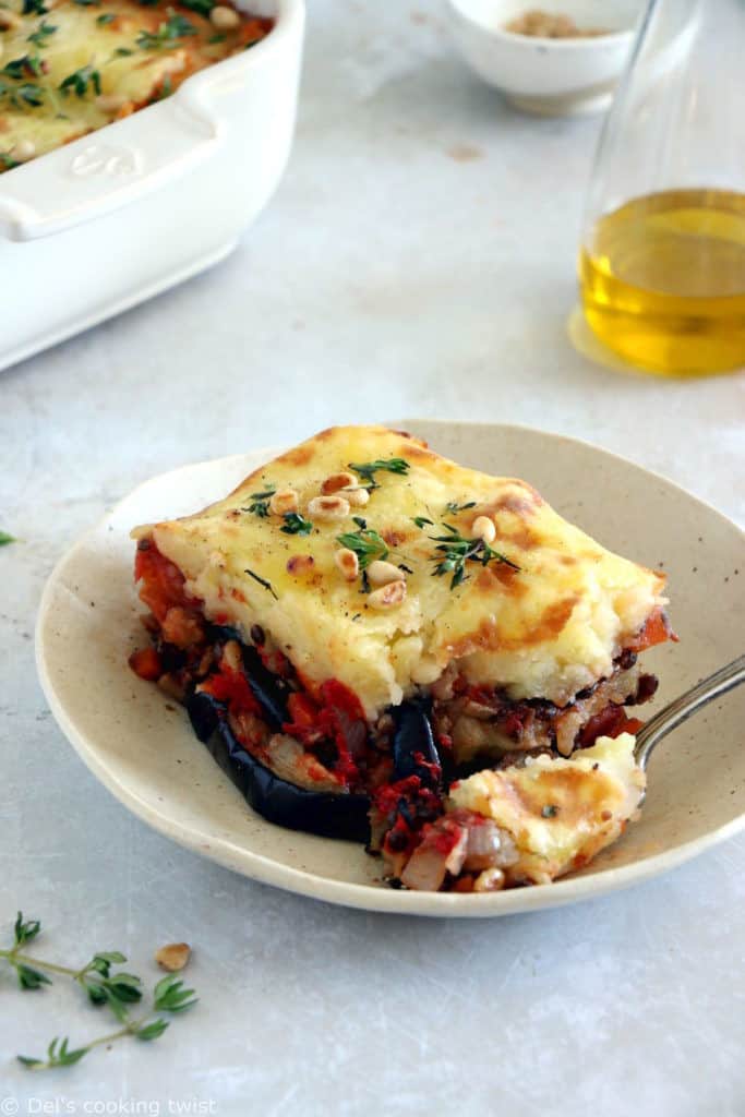 This vegetarian moussaka has some deep smoky flavors, with layers of eggplants, potatoes, spiced vegetarian meat, and a creamy bechamel sauce.