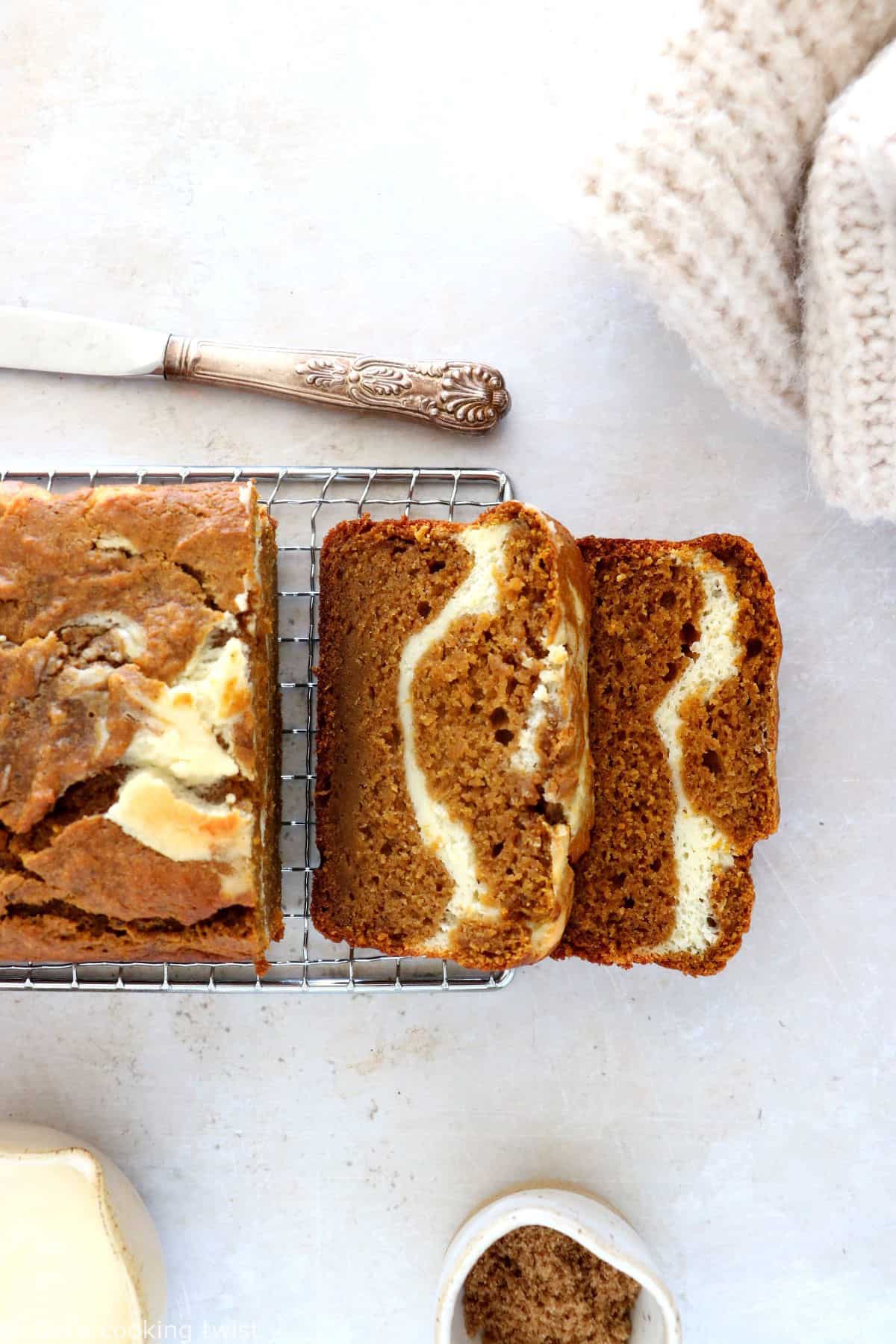 Brown butter pumpkin bread with cream cheese is the ultimate fall treat to indulge. This pumpkin bread is soft, moist, loaded with pumpkin spice flavors, and better than in your favorite coffee shop!