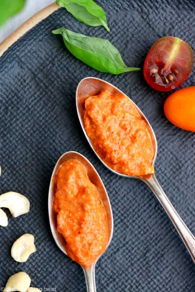 This roasted red pepper and cashew pesto pasta is made with a thick, creamy sauce, and has rich nutty-sweet and smoky flavors.