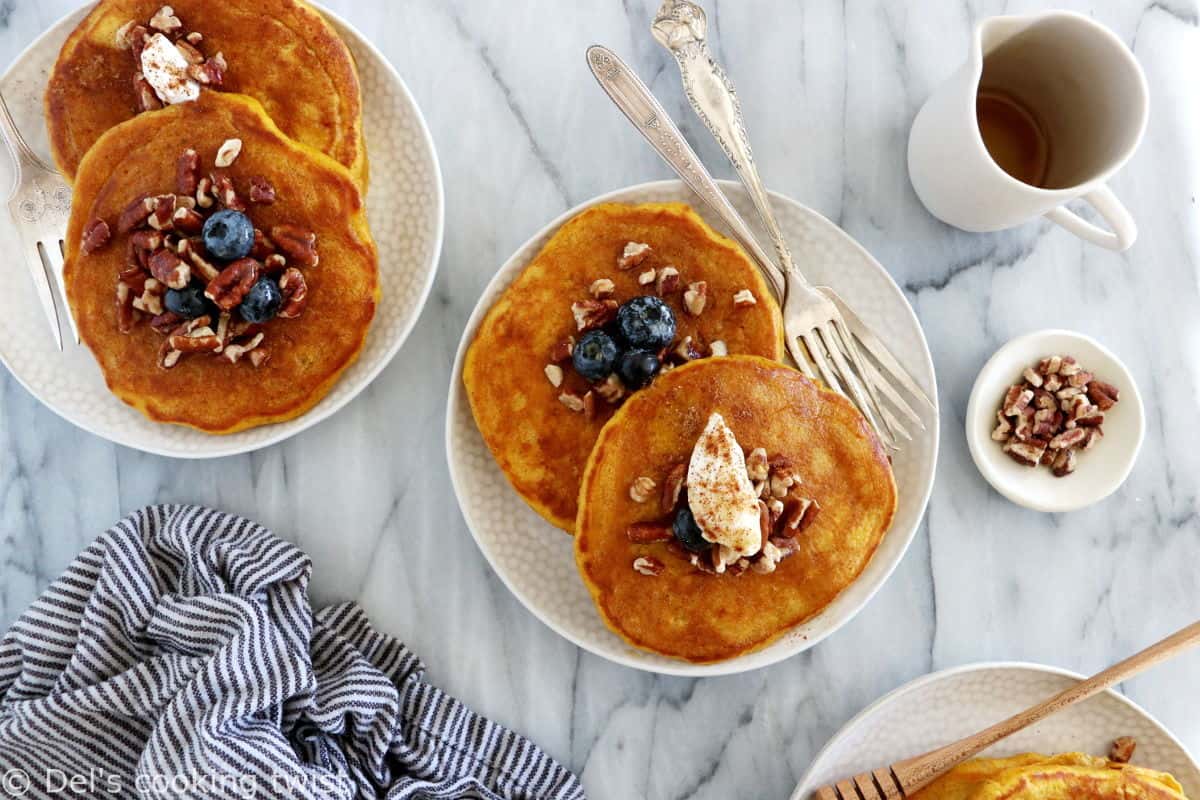 Perfect pumpkin pancakes are fluffy, moist and generous, and prepared with real pumpkin puree and warm pumpkin pie spices.