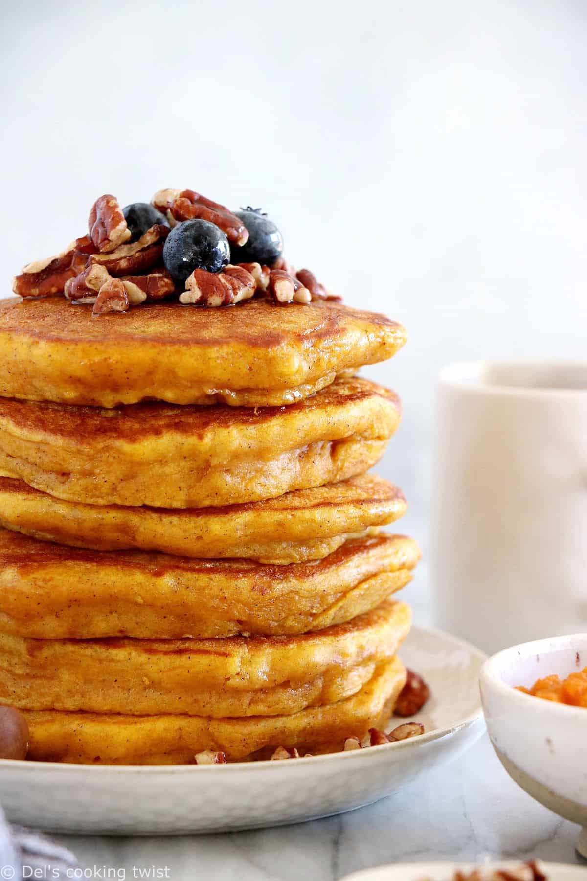 Perfect pumpkin pancakes are fluffy, moist and generous, and prepared with real pumpkin puree and warm pumpkin pie spices.