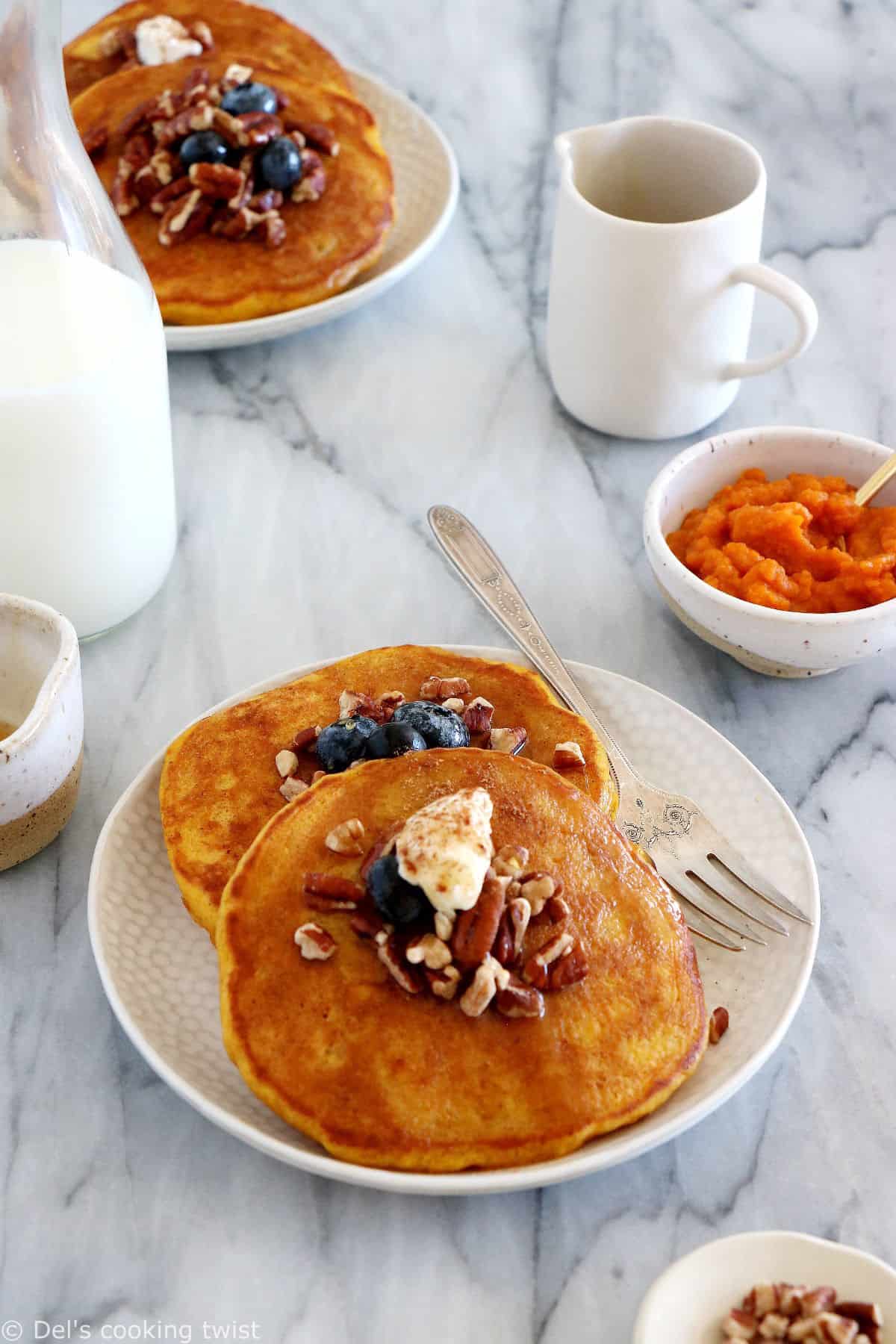 Perfect pumpkin pancakes are fluffy, moist and generous, and prepared with real pumpkin puree and warm pumpkin pie spices.