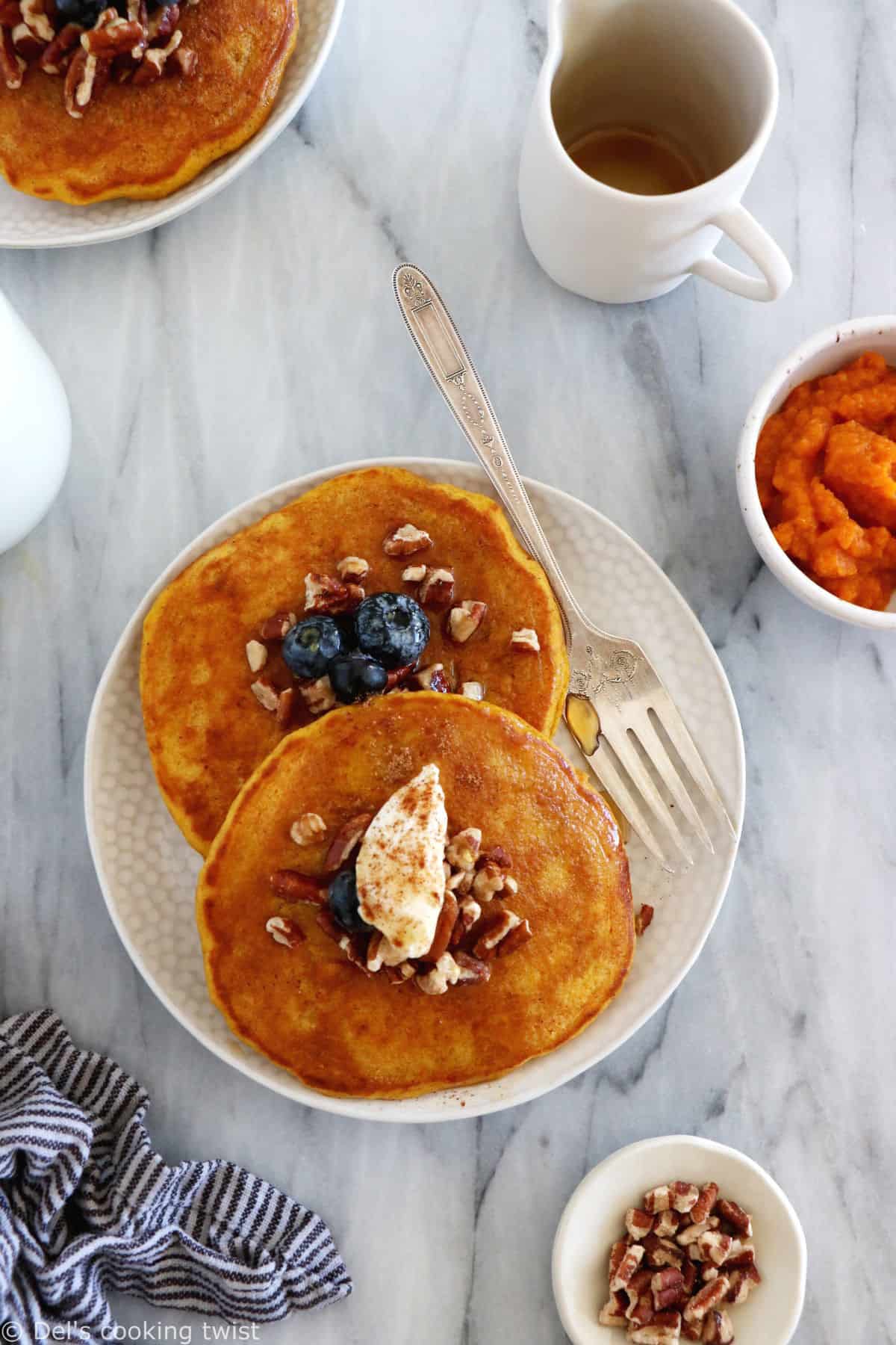 Perfect pumpkin pancakes are fluffy, moist and generous, and prepared with real pumpkin puree and warm pumpkin pie spices.