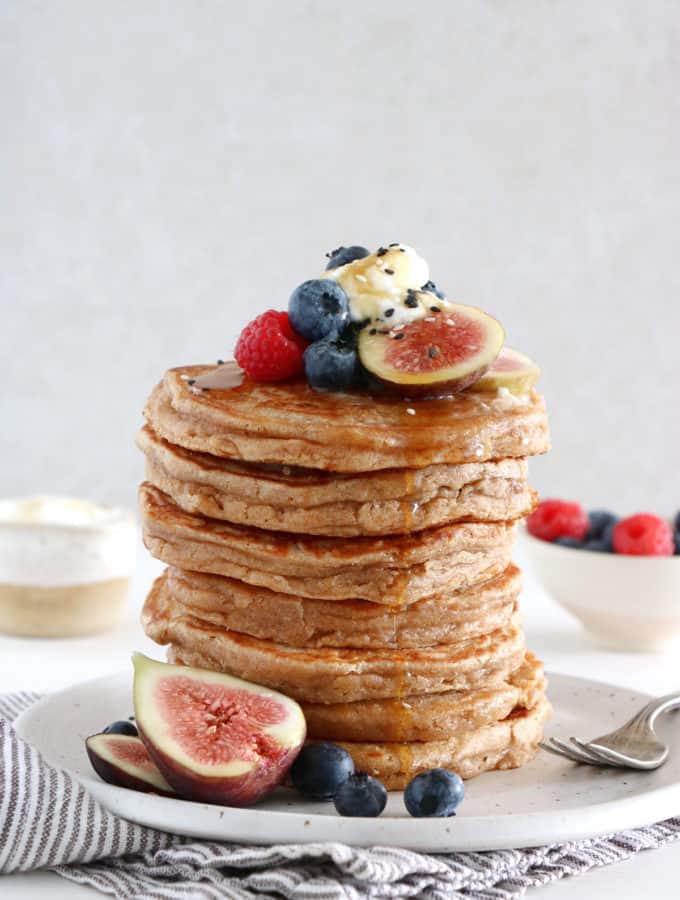 Wake up to a healthy breakfast with these whole wheat pancakes. Prepared with just a handful of simple ingredients, these pancakes are super fluffy, extra thick, and perfectly moist, with a subtle nutty flavor.