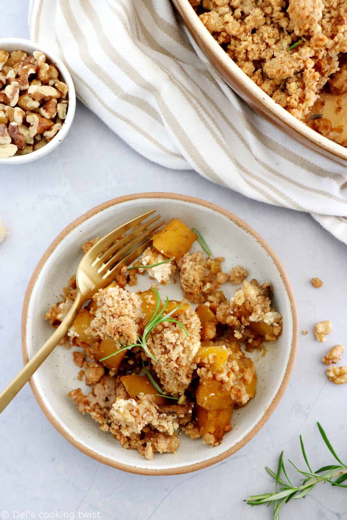 This cozy butternut squash, mushroom and goat cheese crumble with rosemary makes for an easy family meal.