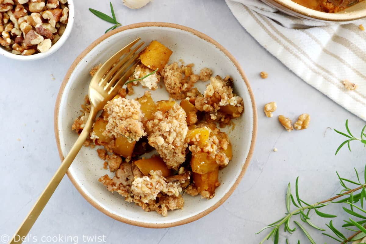 This cozy butternut squash, mushroom and goat cheese crumble with rosemary makes for an easy family meal.