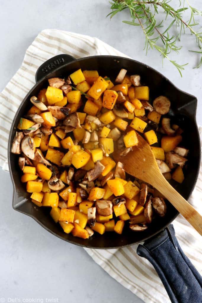 This cozy butternut squash, mushroom and goat cheese crumble with rosemary makes for an easy family meal.