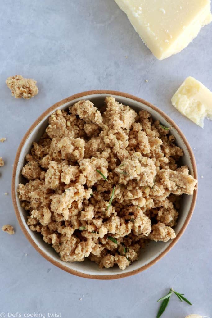 This cozy butternut squash, mushroom and goat cheese crumble with rosemary makes for an easy family meal.