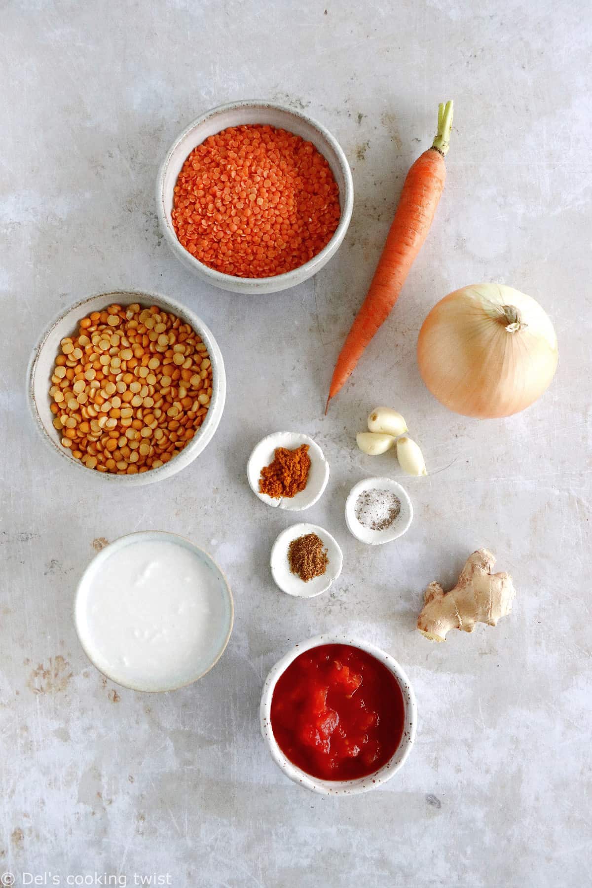 This curried red lentil and split pea soup is easy to make, loaded with warm and comforting flavors, with just a little bit of texture to it.