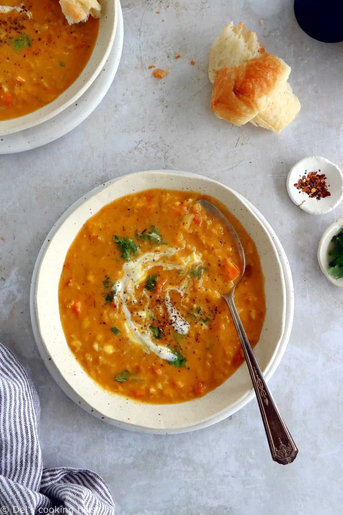 This curried red lentil and split pea soup is easy to make, loaded with warm and comforting flavors, with just a little bit of texture to it.