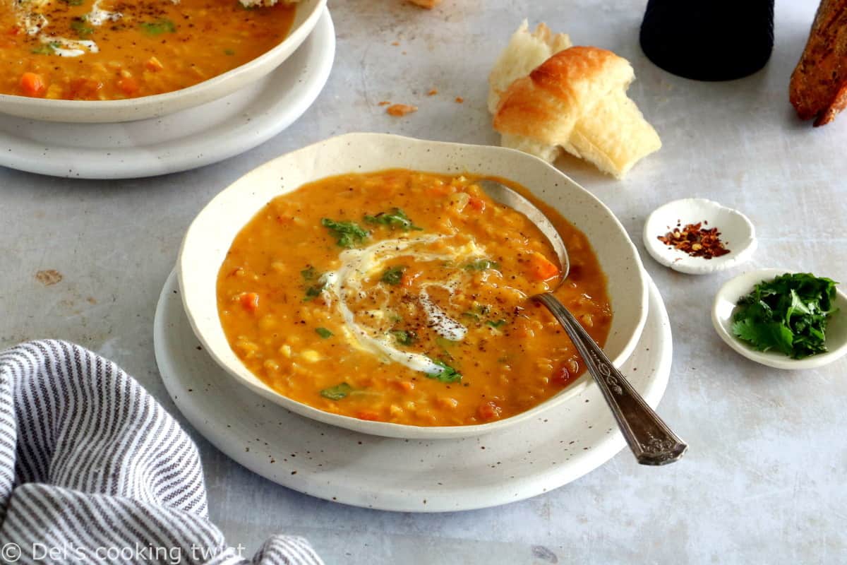 This curried red lentil and split pea soup is easy to make, loaded with warm and comforting flavors, with just a little bit of texture to it.