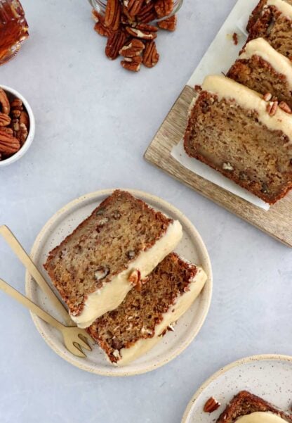 This amazing maple pecan banana bread features some crunchy pecans and a creamy maple icing with a hint of salt to cut the extra sweetness. 