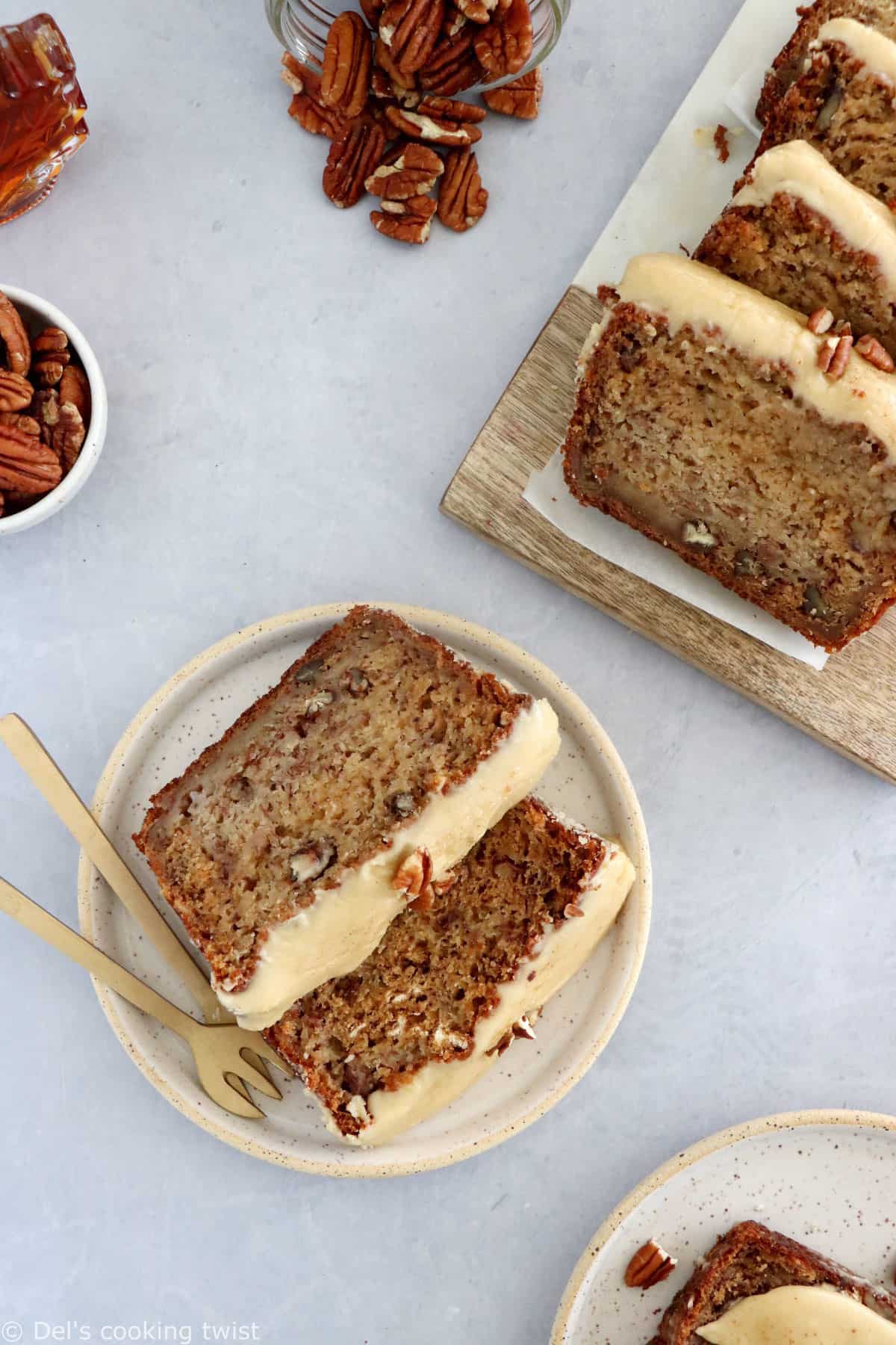 This amazing maple pecan banana bread features some crunchy pecans and a creamy maple icing with a hint of salt to cut the extra sweetness. 