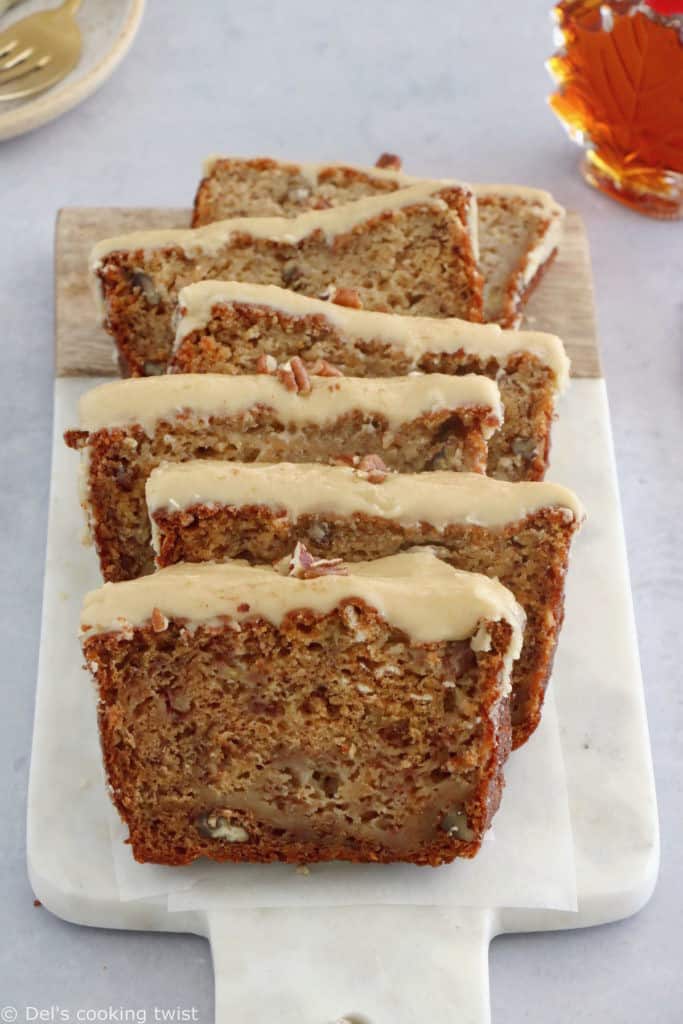 This amazing maple pecan banana bread features some crunchy pecans and a creamy maple icing with a hint of salt to cut the extra sweetness.