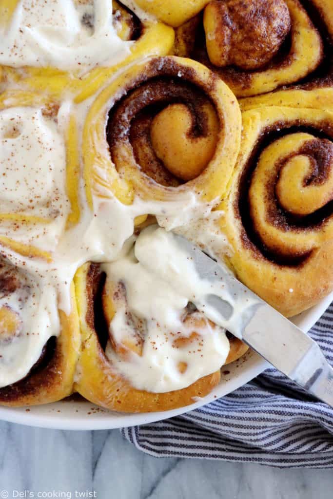 These pumpkin cinnamon rolls are soft, pillowy, prepared with real pumpkin puree, and loaded with warm pumpkin spice.