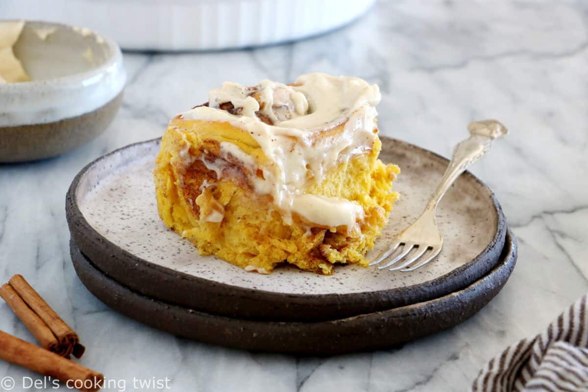 These pumpkin cinnamon rolls are soft, pillowy, prepared with real pumpkin puree, and loaded with warm pumpkin spice.