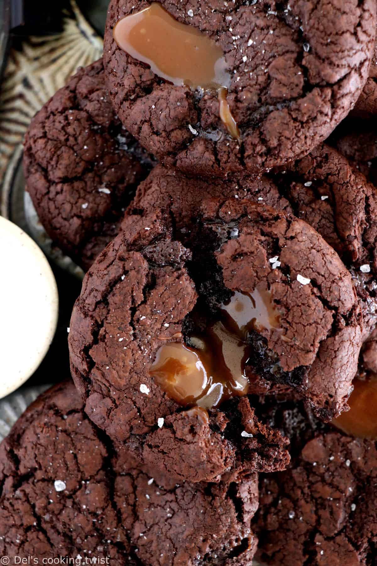 Salted caramel stuffed brownie cookies are slightly crinkly on top, fudgy, loaded with chocolate, with a gooey salted caramel center.