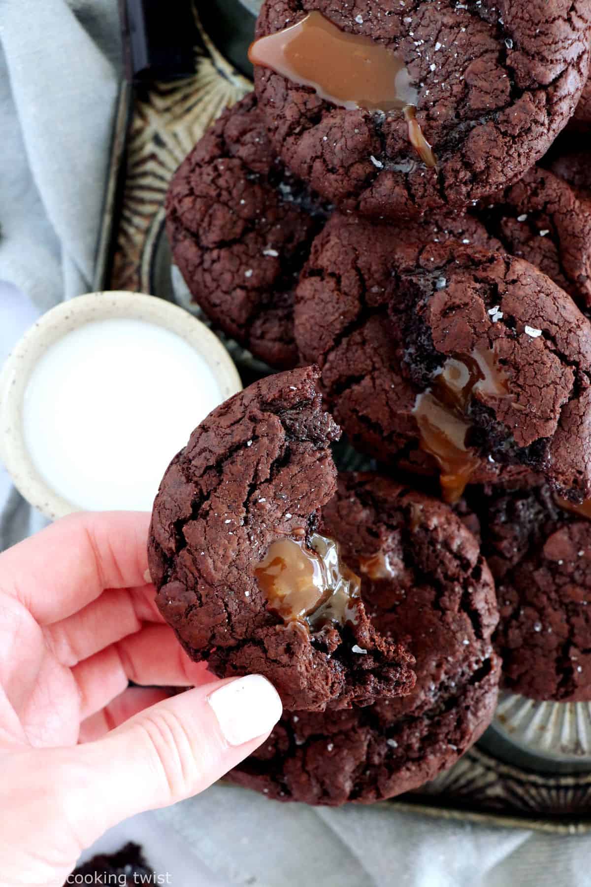 Salted caramel stuffed brownie cookies are slightly crinkly on top, fudgy, loaded with chocolate, with a gooey salted caramel center.