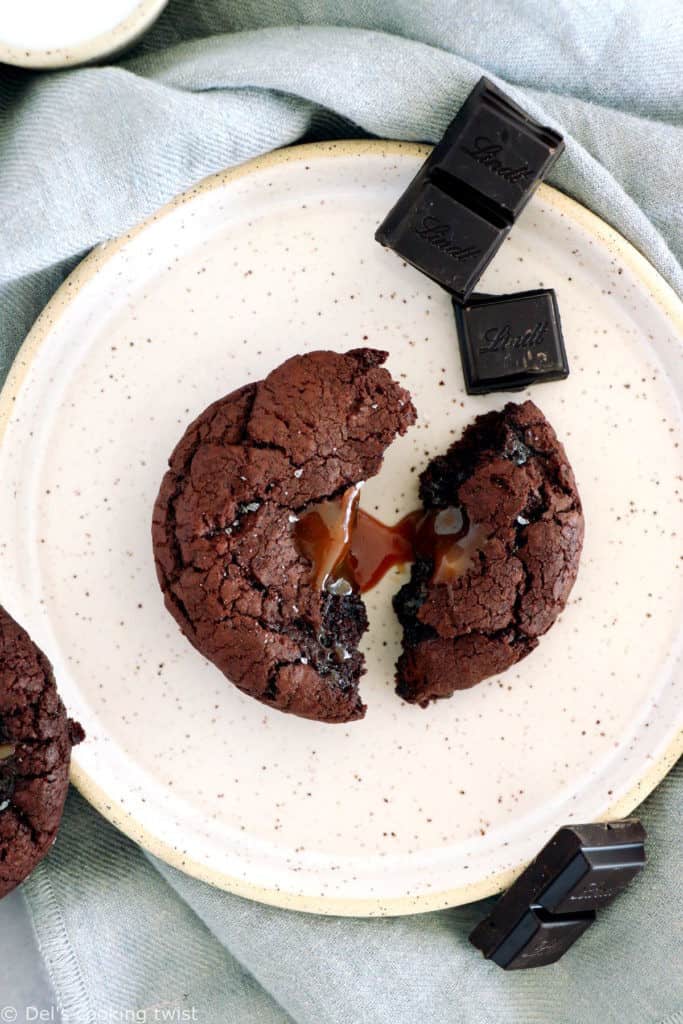 Salted caramel stuffed brownie cookies are slightly crinkly on top, fudgy, loaded with chocolate, with a gooey salted caramel center.