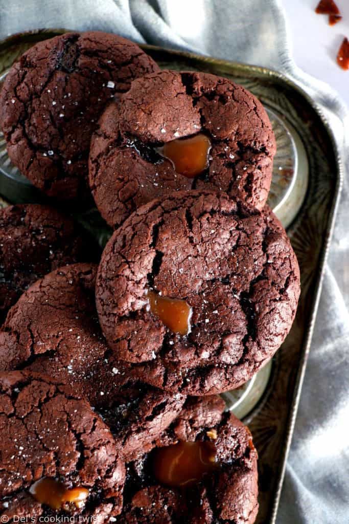 Salted caramel stuffed brownie cookies are slightly crinkly on top, fudgy, loaded with chocolate, with a gooey salted caramel center.