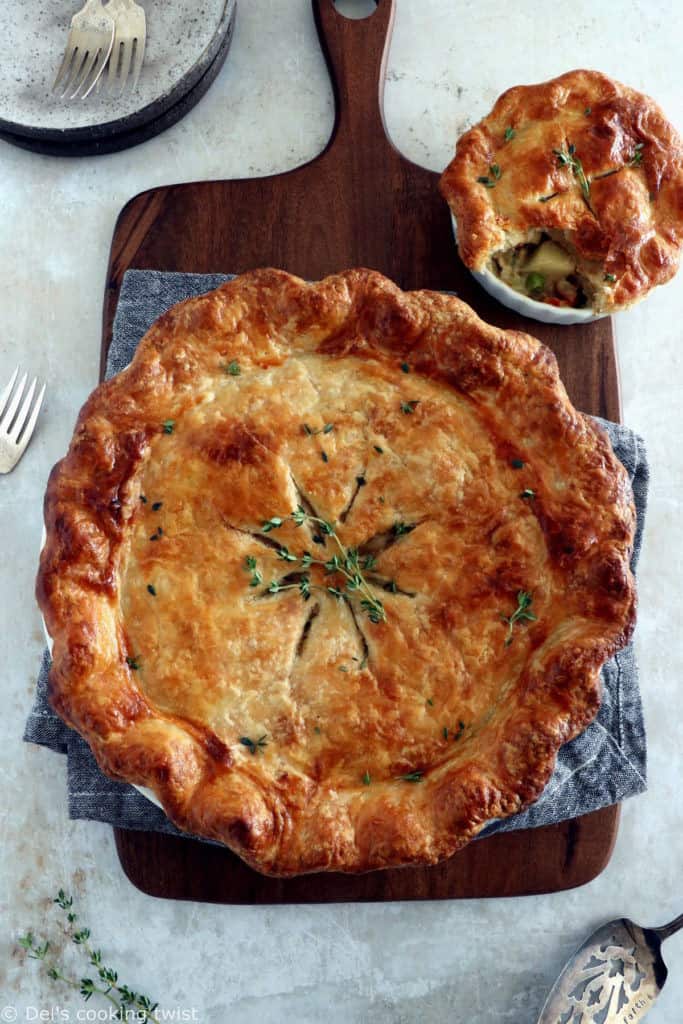 A rustic vegetarian pot pie loaded with hearty veggies coated in a creamy gravy, and tucked in between two crunchy flaky pie crusts.