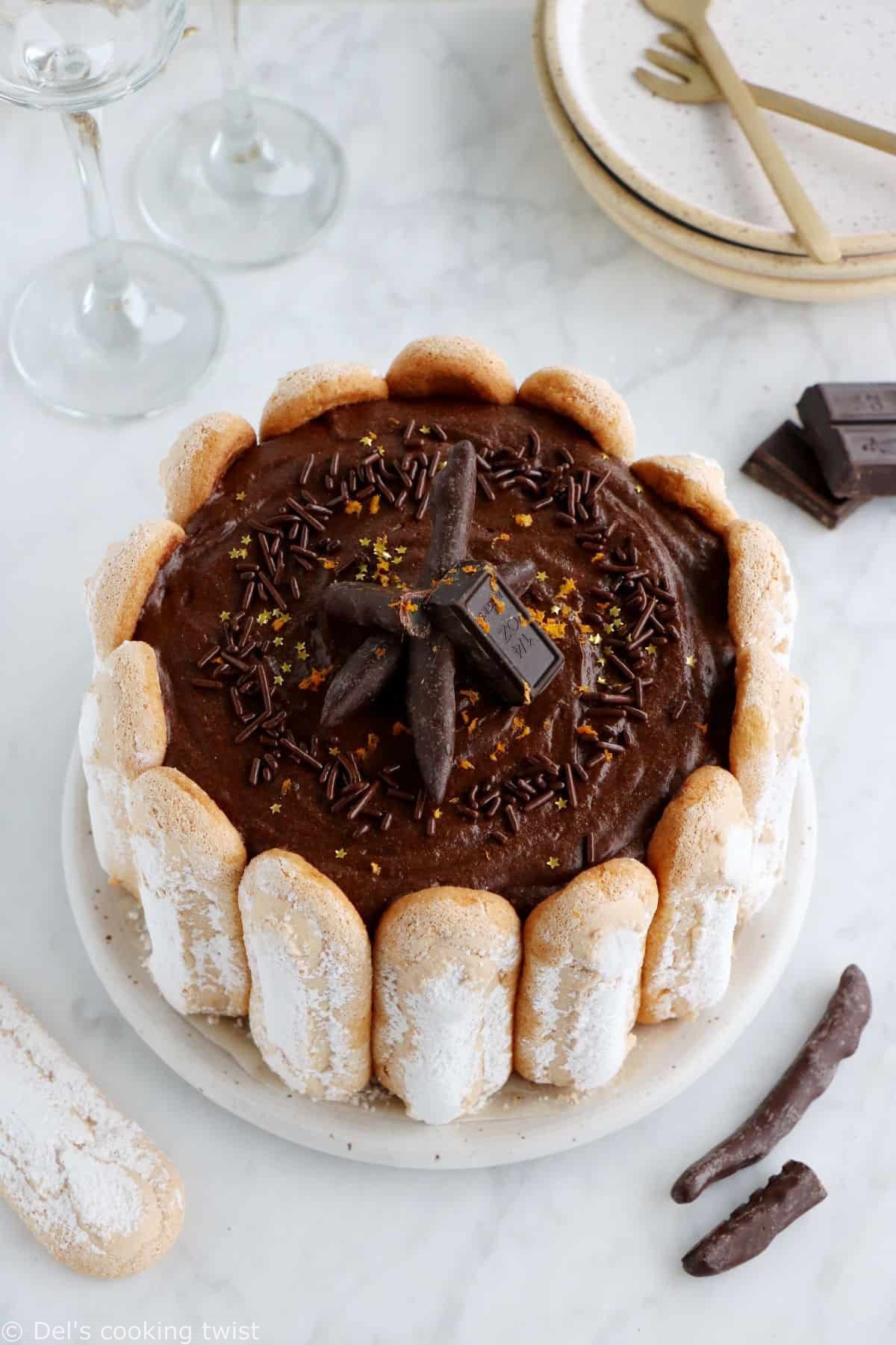 The French chocolate charlotte is an elegant no-bake dessert featuring Ladyfingers and a rich chocolate mousse.