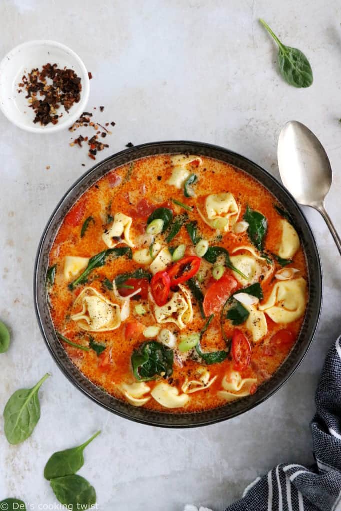 Thai red curry tortellini soup is fusion food at its finest, resulting from Thai cuisine meeting the Italian one.