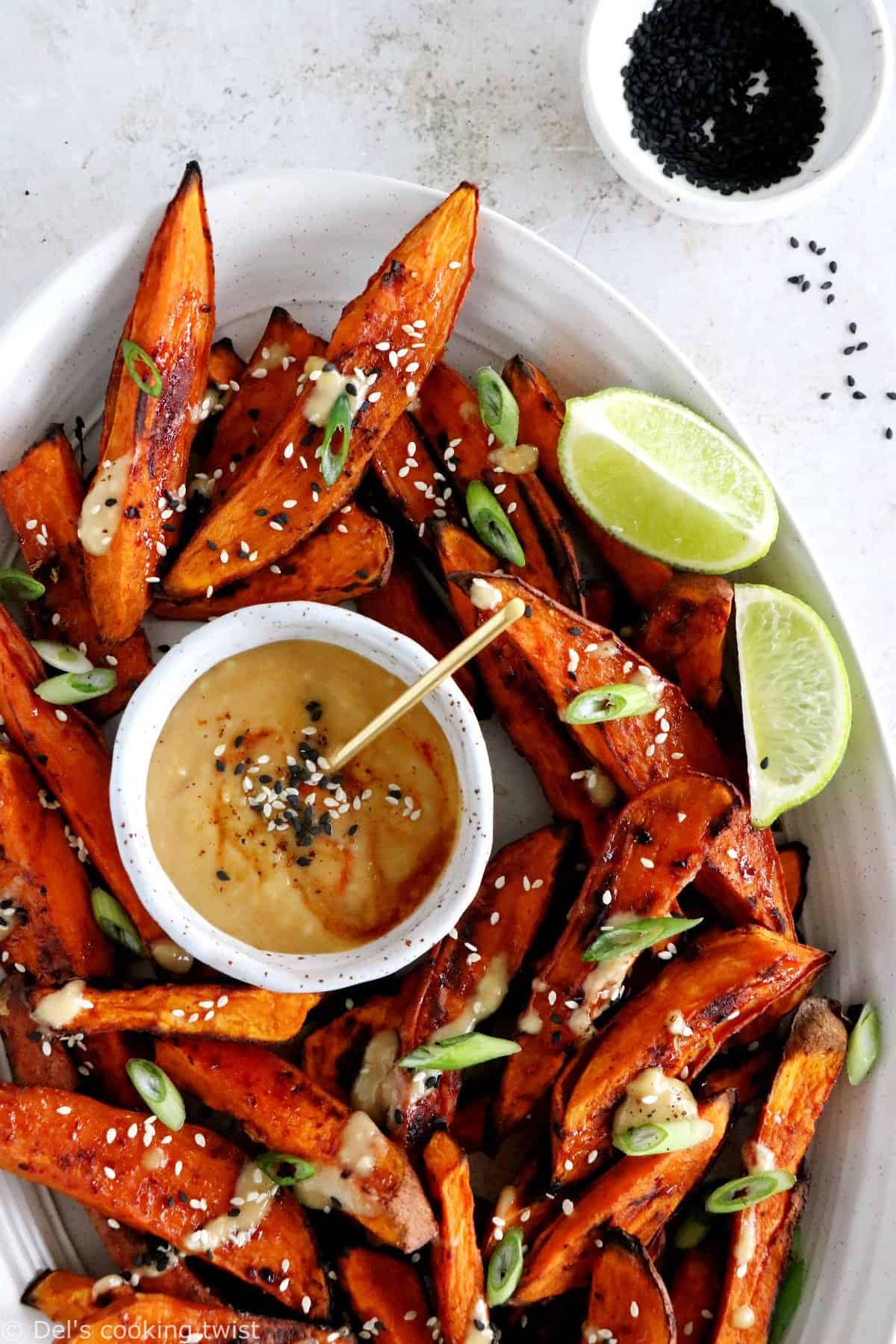 These miso roasted sweet potatoes are super crispy, spicy, sweet, and served with an incredible Japanese-inspired miso sauce, loaded with umami flavors.